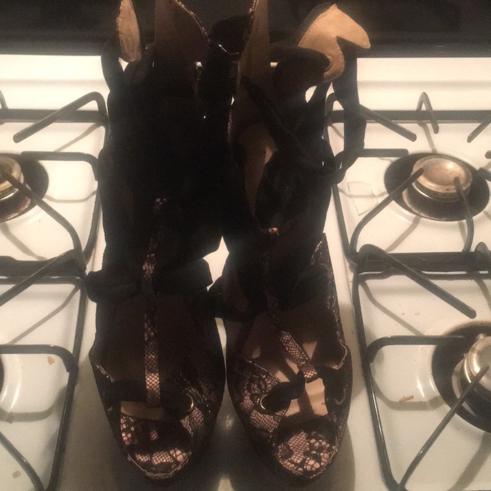 Justfab Nude and Black Lace Heels